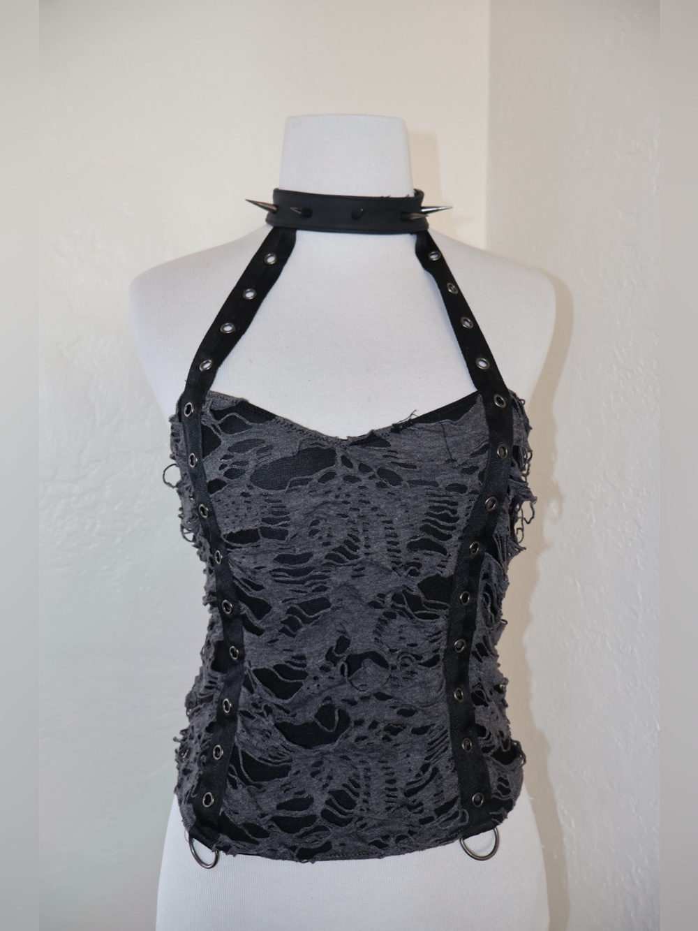 Grunge Punk Distressed Shredded Halter Top Spiked Choker Grommet Straps